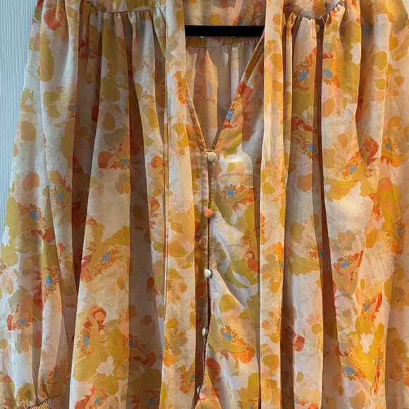 Flying Tomato Tops - Flying Tomato Beautiful ~Yellow Floral Button-Down Flowy Blouse Gathered Sleeves